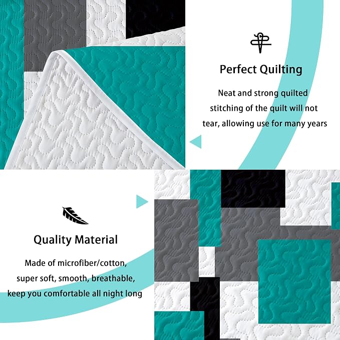 Tyrot 3 Piece Teal/Turquoise Quilt Set Full/Queen Size Black Grey Geometric - Image 4