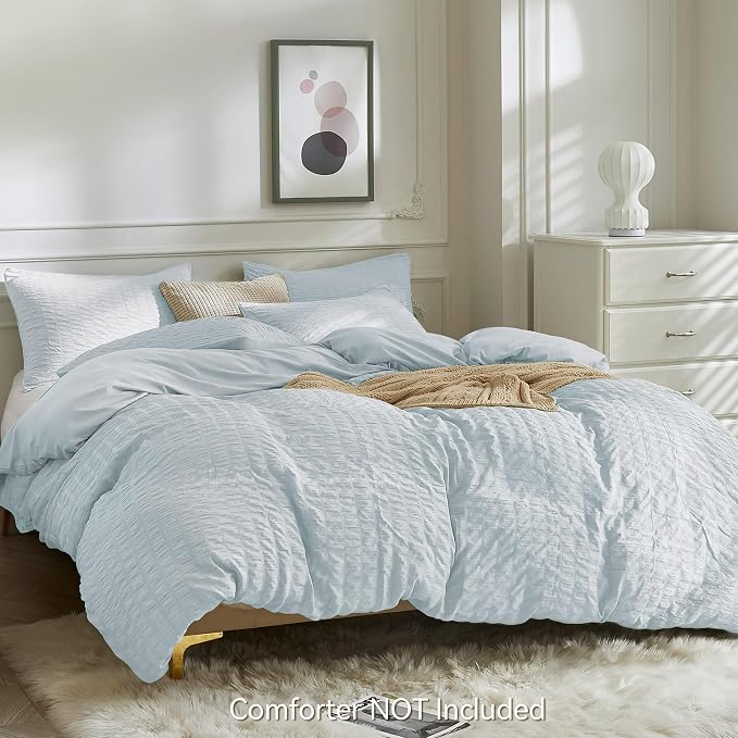 JELLYMONI Baby Blue Duvet Cover Full Size, Soft Breathable Seersucker Duvet - Image 3
