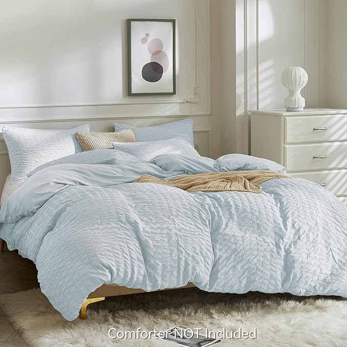 JELLYMONI Baby Blue Duvet Cover Queen Size, Soft Breathable Seersucker Duvet - Image 3