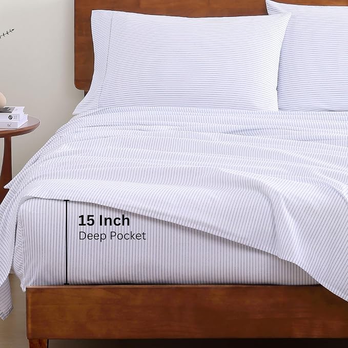 LANE LINEN 100% Organic Printed Cotton Sheets Twin Size, Classic Ticking Stripe - Image 4