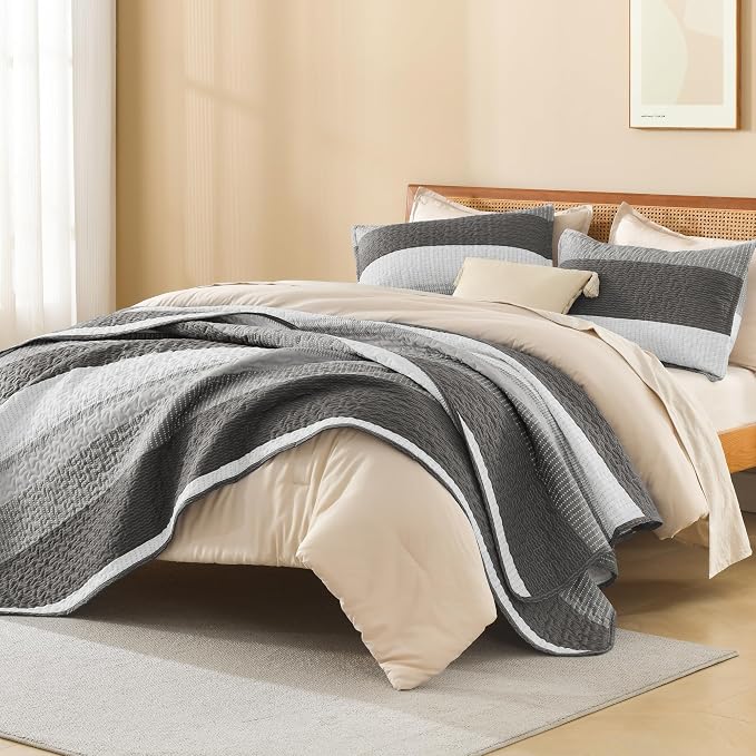 Litanika Quilt King Size Dark Grey, Stripe Patchwork Summer Bedspread Coverlet - Image 4