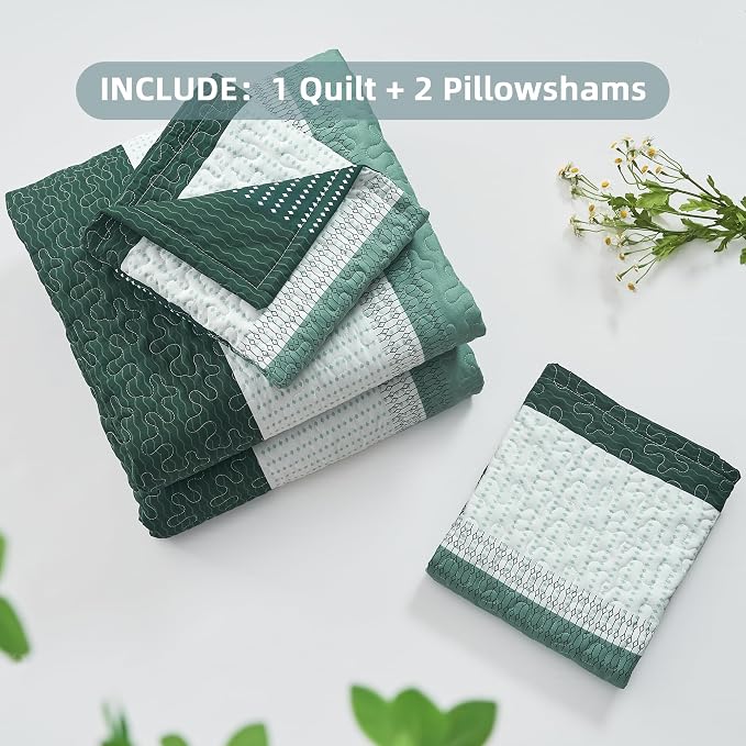 Andency Emerald Green Quilt Queen, 3 Pieces Patchwork Striped Bedspread - Image 7