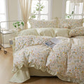 mixinni 100% Cotton Duvet Cover Set Full, Reversible Spring Floral Ruffle Green by mixinni