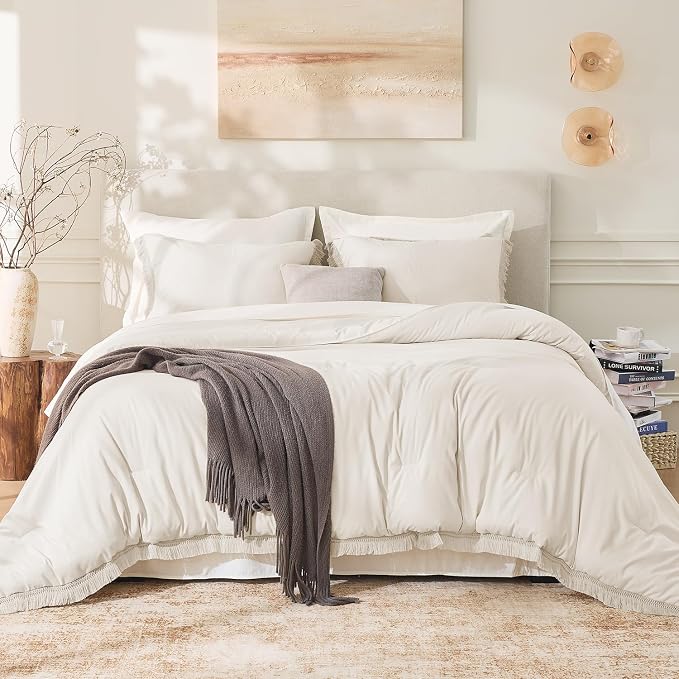 Andency Comforter Full Size Set Beige, 3 Pieces Boho Tassel Lightweight Bedding - Image 2