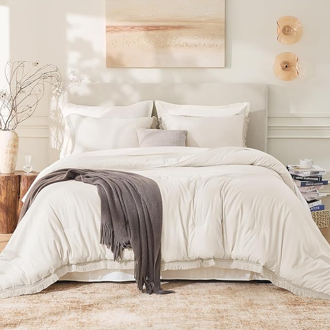 Andency Oversized King Size Comforter Set Beige 128x120, 3 Pieces Boho Soft - Image 2