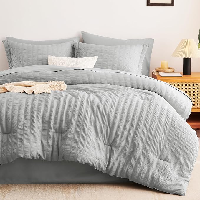 CozyLux Queen Comforter Set Light Grey Seersucker 7 Pieces Bed in a Bag Queen - Image 9