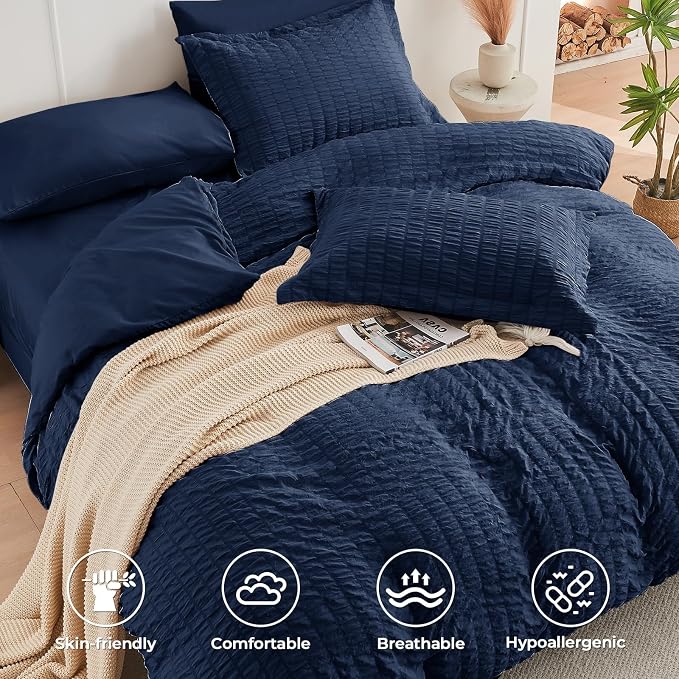 HYMOKEGE Navy Blue Twin Size Duvet Cover, Ultra Soft 2-Piece Seersucker Duvet - Image 2