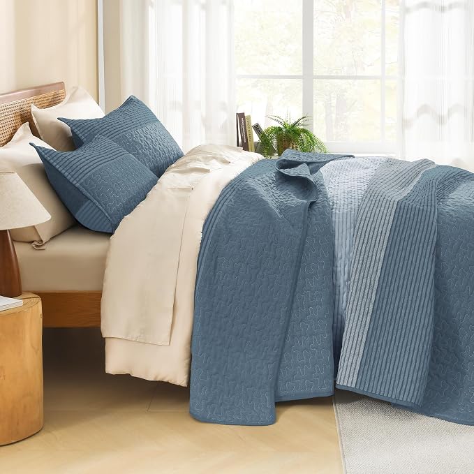 Litanika Oversized King Quilt Set Blue Linen, 120x120 Stripe Bedspread Coverlet - Image 2