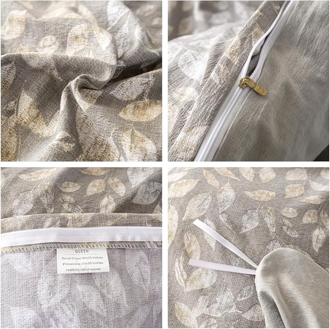 OAITE Grey Leaves Twin Size Duvet Cover-3 Pieces Prewashed Cotton-Like - Image 4