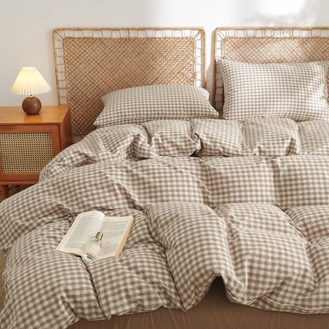 Nayoroom Gingham Duvet Cover Queen Size 100% Washed Cotton Brown Tan Plaid by Nayoroom