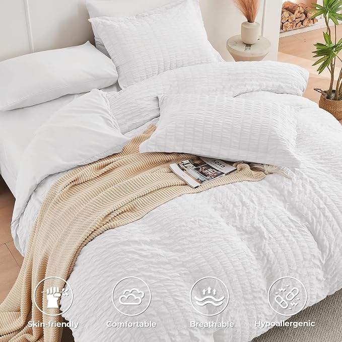 HYMOKEGE White Duvet Cover Full Size, Ultra Soft 3-Piece Seersucker Duvet Cover - Image 2