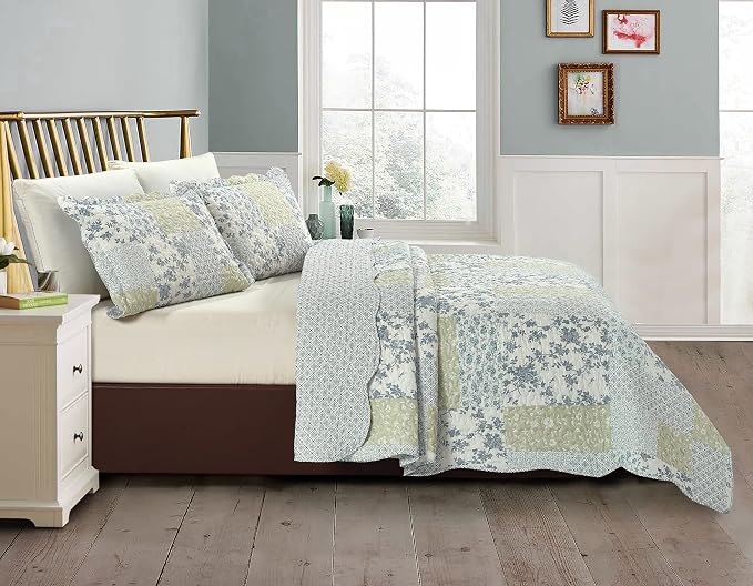 Brilliant Sunshine Multi Blue and Beige Floral Patchwork, 3-Piece Quilt Set - Image 2