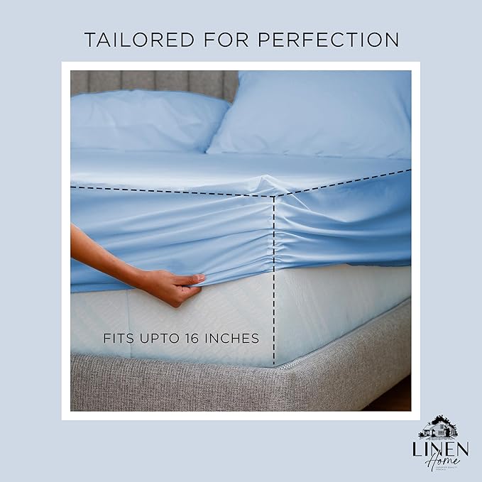 Linen Home 100% Cotton Percale Weave Fitted Sheet Full Size Only, Baby Blue - Image 3