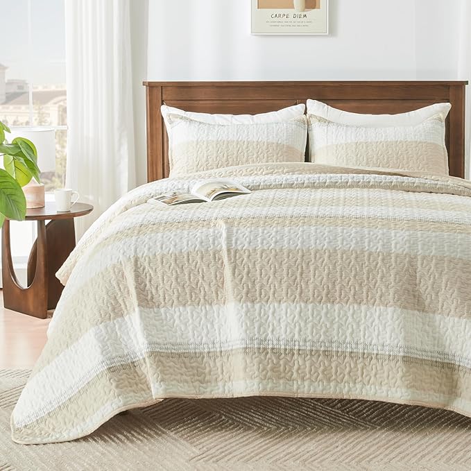 Andency Queen Quilt Bedding Set Beige, 3 Pieces Patchwork Beige Striped Ultra by Andency