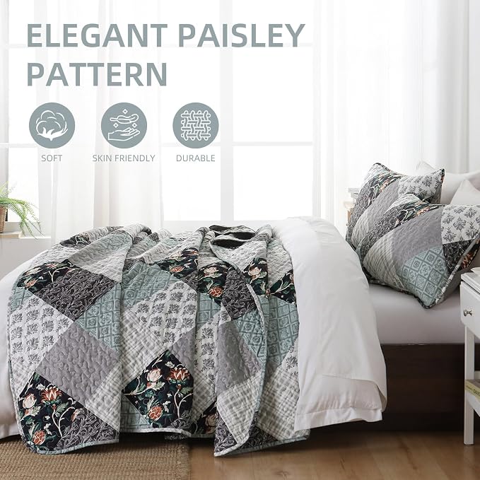 Xruibed Floral Plaid Patchwork Quilt Set Queen Size 3 Pieces Blue Gray - Image 4
