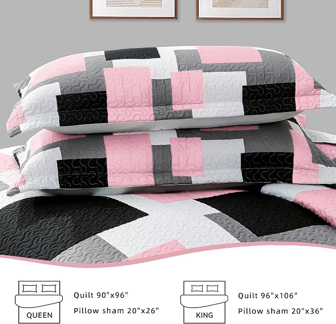 Tyrot 3 Piece Pink Grey Quilt Set Full/Queen Size Pink Gray White Geometric - Image 7