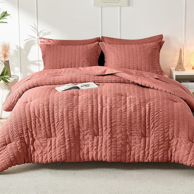 HYMOKEGE Coral Twin Comforter Set Seersucker 5 Pieces, All Season Luxury Bed in - Image 9