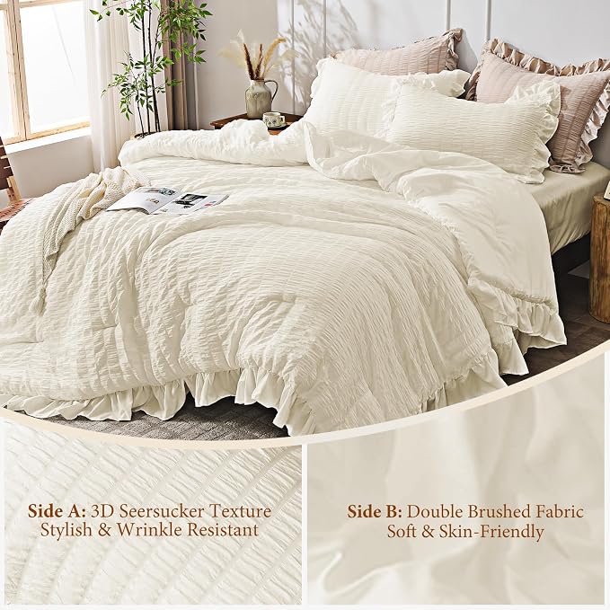JOLLYVOGUE Ivory Queen Comforter Set, 3 Pieces Seersucker Comforters Queen Size - Image 5