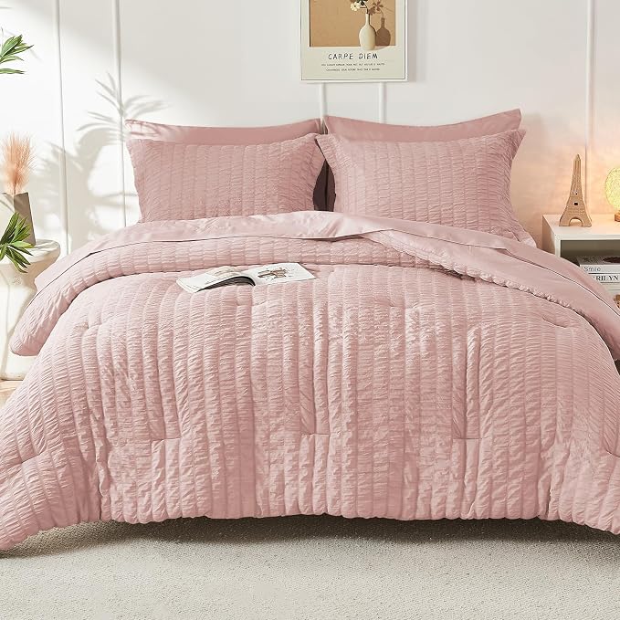 HYMOKEGE Rose Gold King Size Comforter Set Seersucker 7 Pieces, All Season - Image 9
