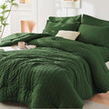 HYMOKEGE Dark Green Queen Comforter Set Seersucker 7 Pieces, All Season Luxury by HYMOKEGE