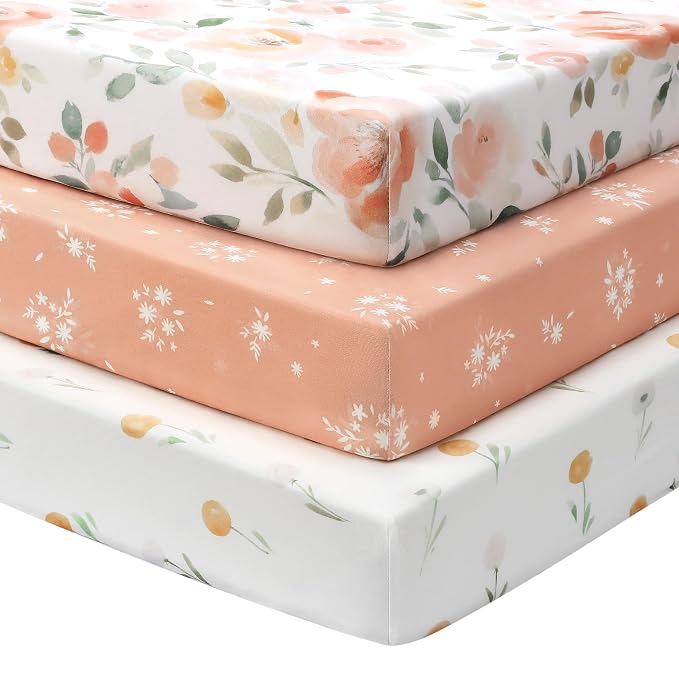 Baby Mini Crib Sheets Girl, Portable 38”x26” Pack and Play Sheets Fitted by FIEMOL