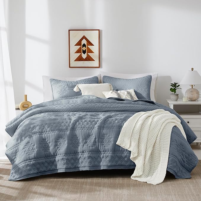WDCOZY Boho Blue Grey Oversized California Cal King Size Quilt Bedding Sets by WDCOZY