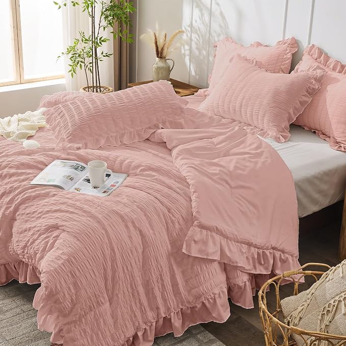 JOLLYVOGUE King Size Comforter Set, 3 Pieces Rose Gold Seersucker Comforters - Image 7