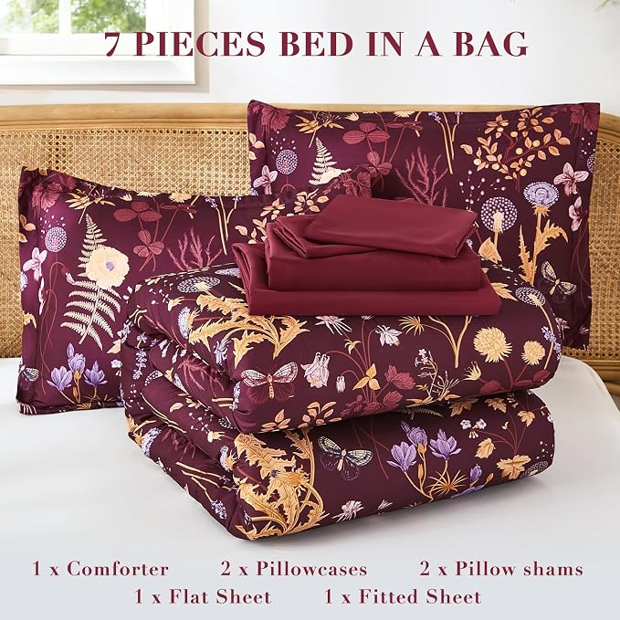 Yiran Queen Comforter Set 7 Piece, Burgundy Floral Bedding Set, Bed in a Bag - Image 6