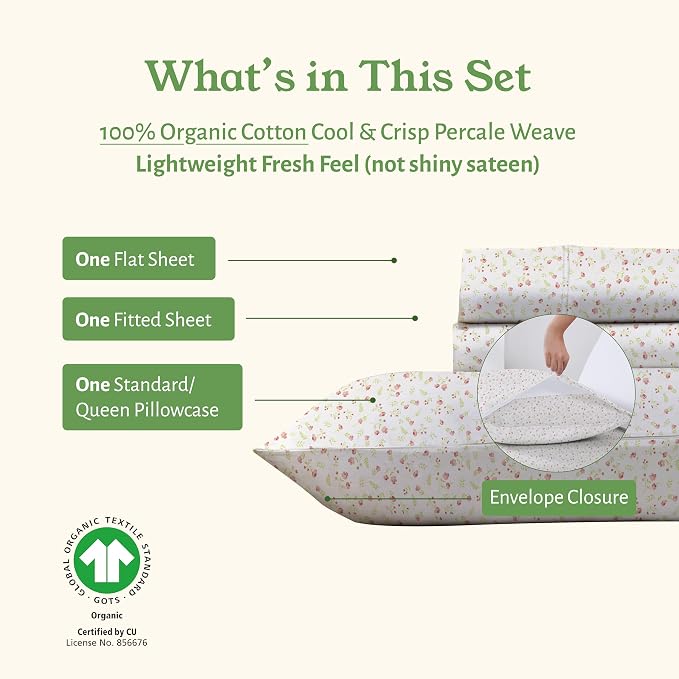 California Design Den Twin Floral Sheet Set, 100% Organic Cotton Percale Sheets - Image 5