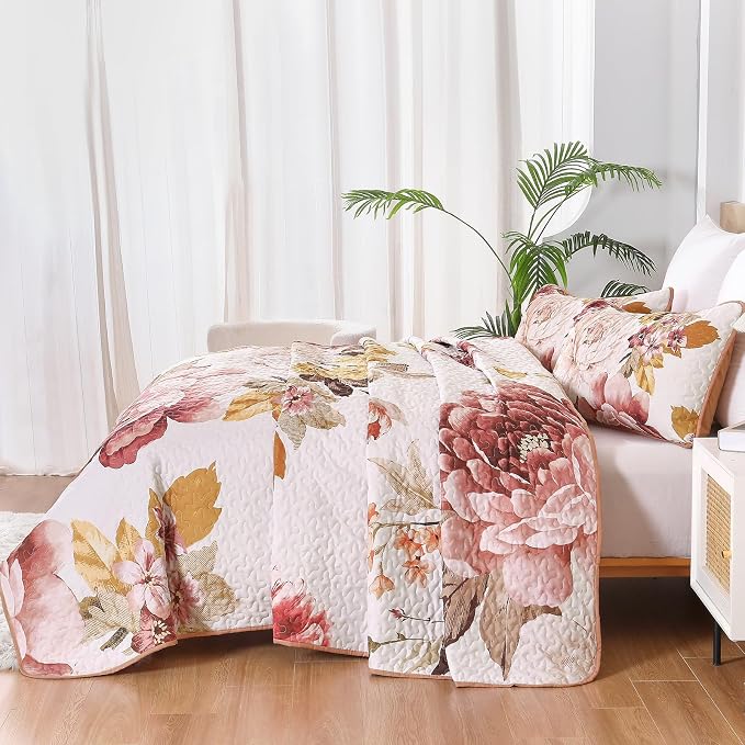 WONGS BEDDING Floral Quilt Set King, 3 Pieces Elegant Blush Flower Bedspread - Image 4