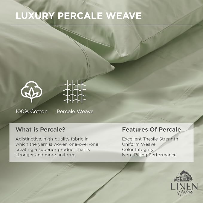 Linen Home 100% Cotton Percale 1 Flat Sheet, Full Size - Image 2