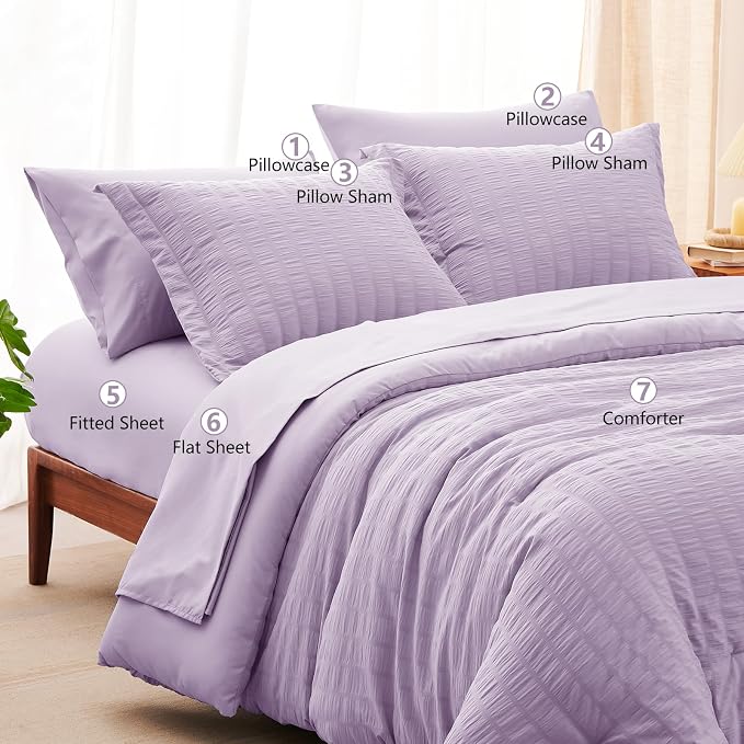 CozyLux King Size Comforter Set Light Purple Seersucker 7 Pieces Bed in a Bag - Image 6