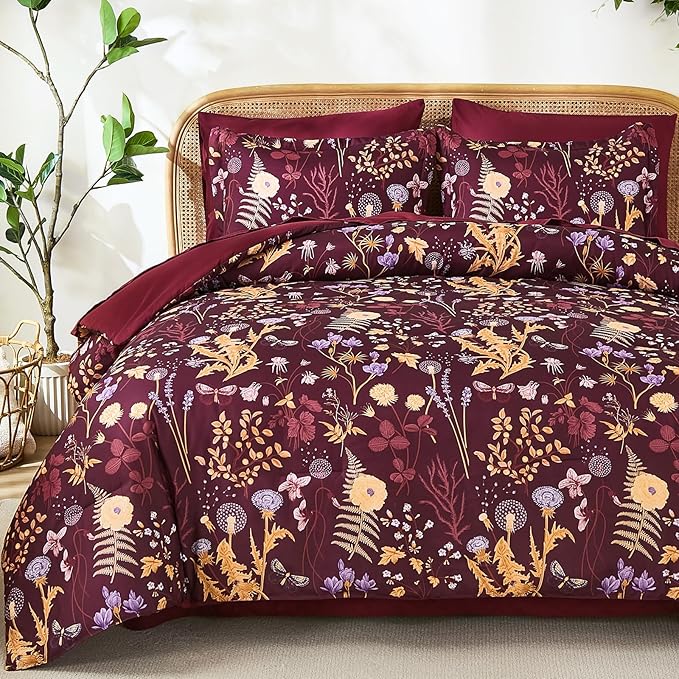Yiran King Size Comforter Set 7 Piece, Burgundy Floral Bedding Set, Lightweight by Yiran