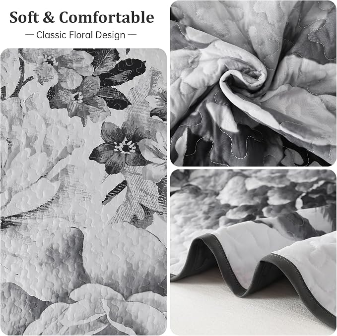 WONGS BEDDING Grey Boho Floral Quilt Set Queen, Elegant Gray Flower Bedspread - Image 5