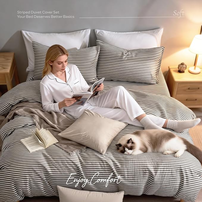 JELLYMONI 100% Natural Cotton 3pcs Striped Duvet Cover Sets, - Image 4