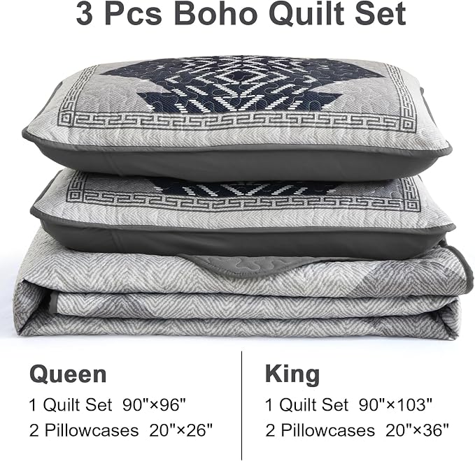 Dintszyayue Queen Size Quilt Set, 3 Pieces Boho Bedspread Aztec Texture Quikted - Image 7