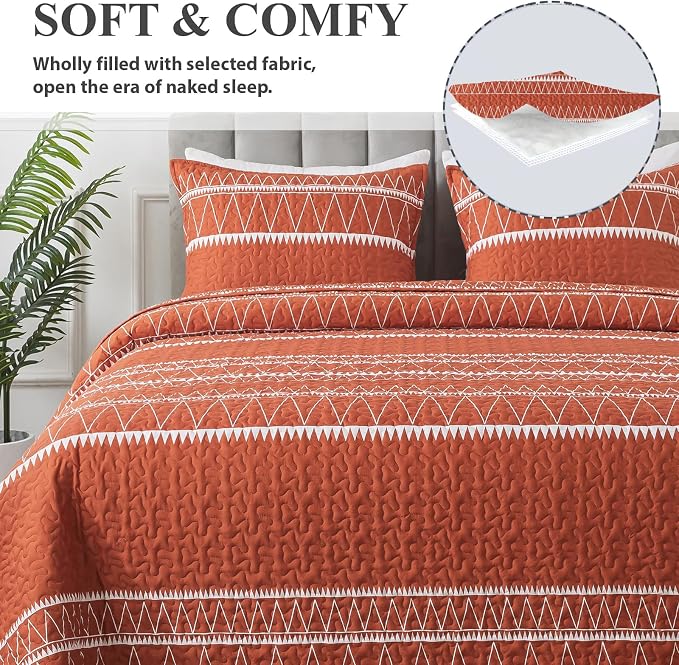 Andency Terracotta California King Quilt Set, 3 Pieces Boho Lightweight Soft - Image 3