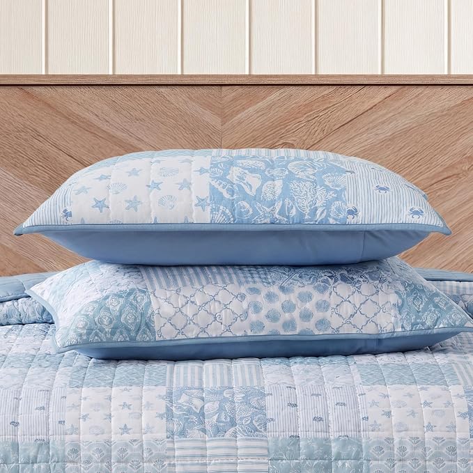 BLOOMHAVEN Quilt Set Queen Size, Patchwork Sea Blue Floral Quilt Sets, - Image 5