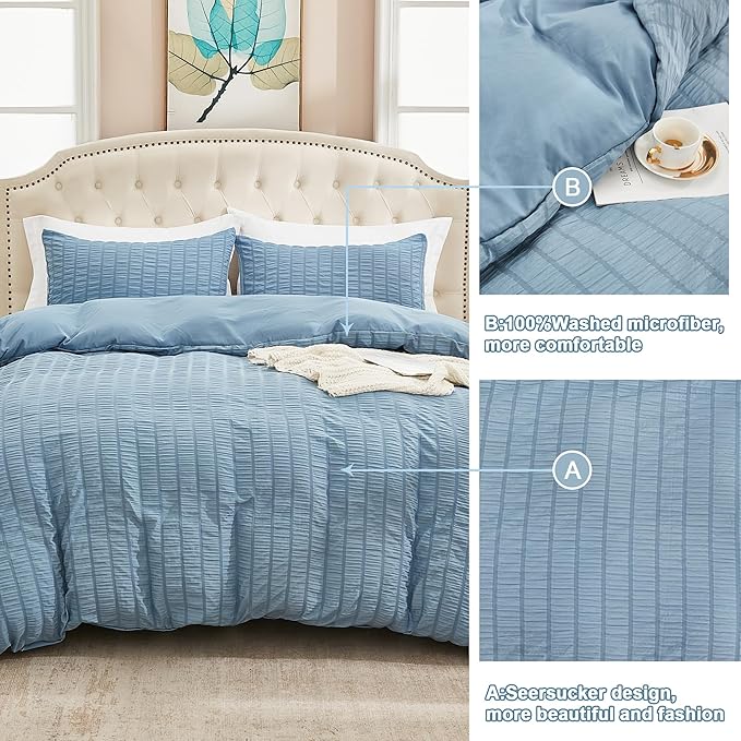 AveLom Grayish Blue Duvet Cover Full, 3 Pieces, Seersucker Tripe Soft Washed - Image 5