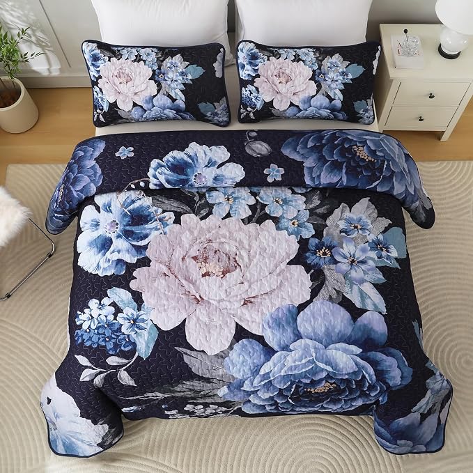 WONGS BEDDING Navy Boho Floral Quilt Set King, 3 Pieces Elegant Blue Flower - Image 3