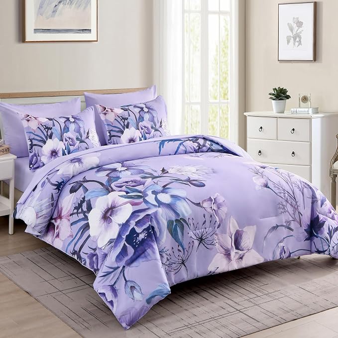 Luxudecor Lavender Purple Floral Comforter Set King Size 7 Piece, Flower Bed in - Image 2