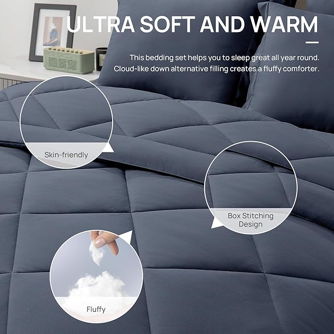 Love's cabin Queen Comforter Set Navy Blue, 7 Pieces Queen Bed in a Bag - Image 5