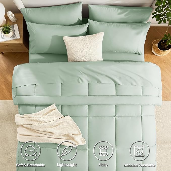 CozyLux King Size Comforter Set Sage Green, 7 Pieces Bed in a Bag, All Season - Image 2