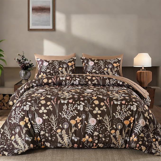 Yiran Brown Comforter Set Queen Size, 7 Piece Floral Comforter Bedding Set - Image 9