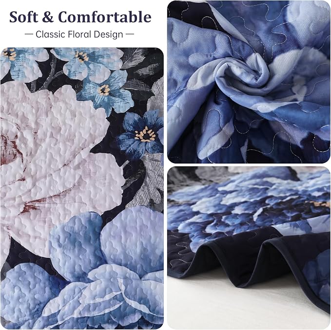 WONGS BEDDING Navy Boho Floral Quilt Set King, 3 Pieces Elegant Blue Flower - Image 6