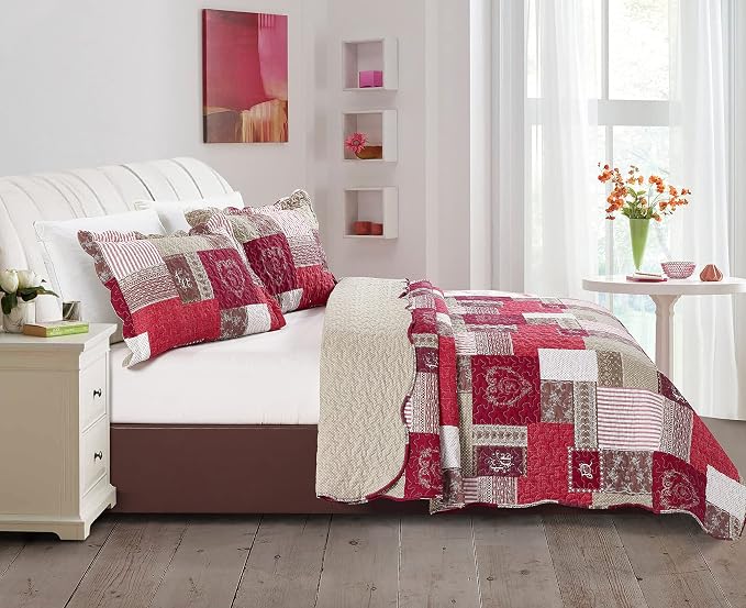 Brilliant Sunshine BurgundyHeart Love, Floral and Lace Patchwork, 3-Piece Quilt - Image 2