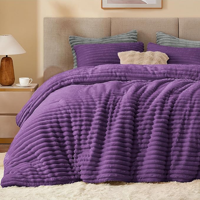 BEDELITE Fleece California King Comforter Set -Super Soft & Warm Fluffy Purple - Image 3