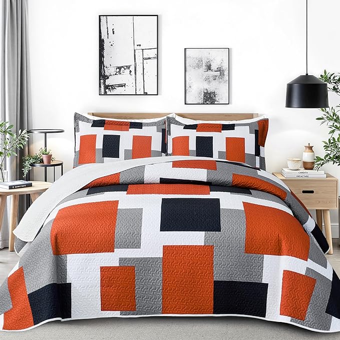 Tyrot 2 Piece Orange Grey Quilt Set Twin Size Black White Gray Geometric by TyrotHomeDecor