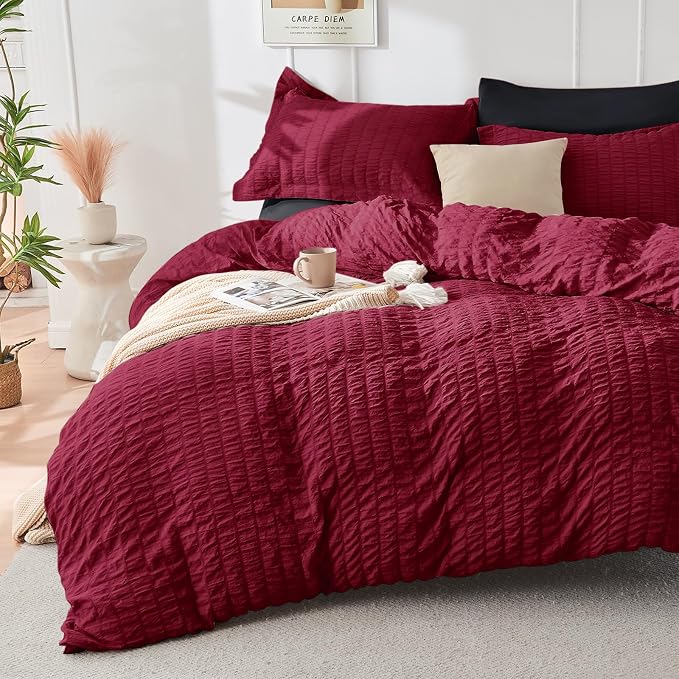 HYMOKEGE Red & Black Twin Comforter Set Seersucker 5 Pieces, All Season Luxury - Image 2