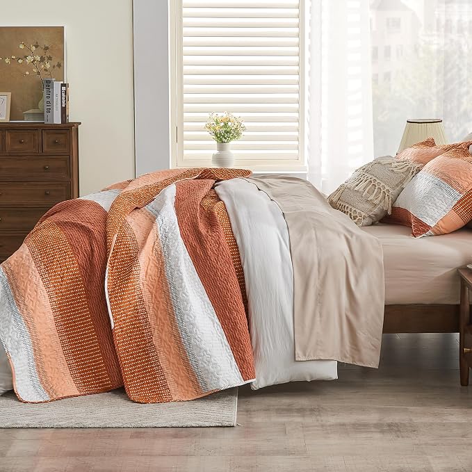 Andency Orange Quilt Cal King, 3 Pieces Patchwork Striped Bedspread Coverlet Set - Image 2